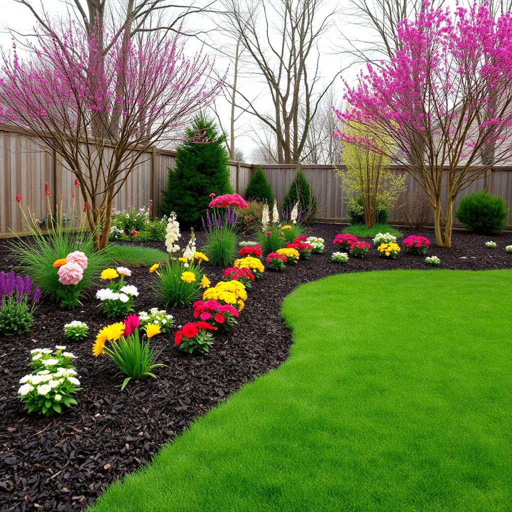 Backyard with colorful blooming flower beds