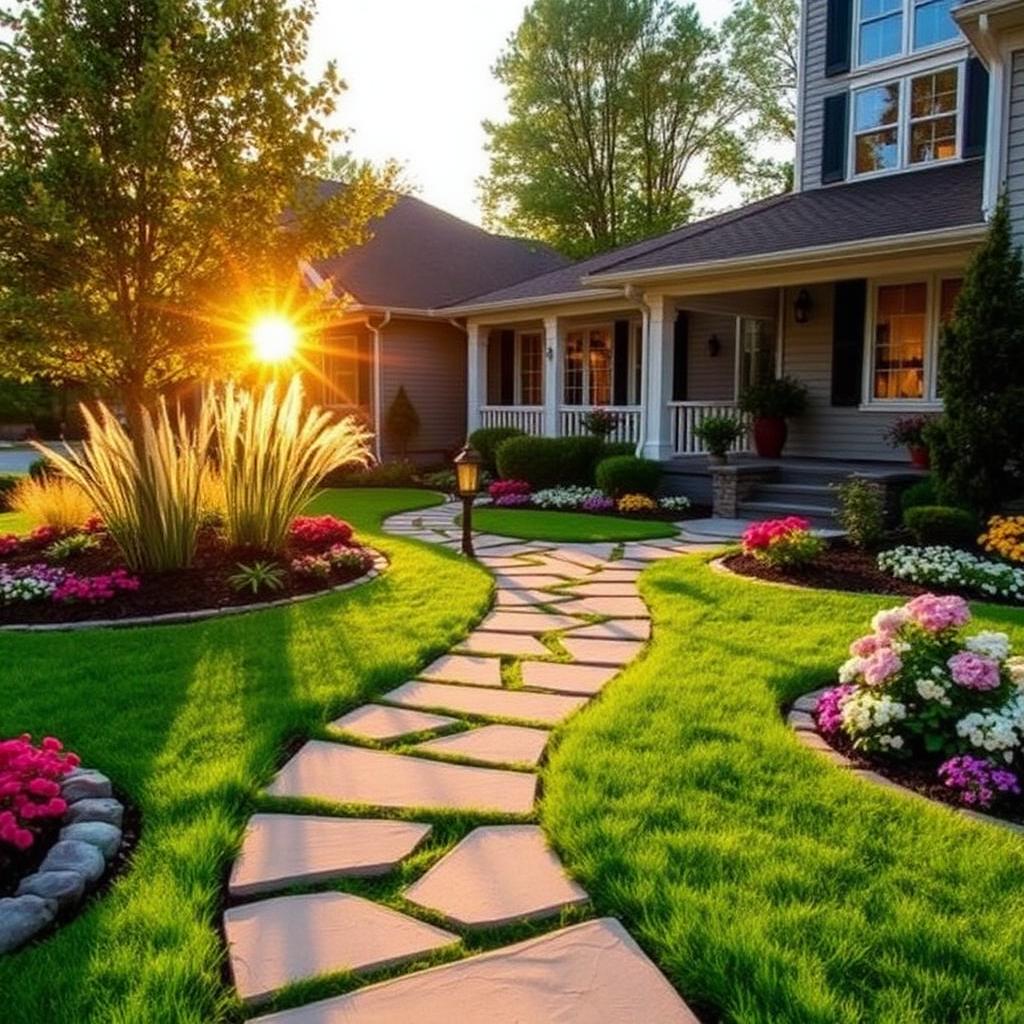 Front yard with stone walkway and flower beds at golden hour