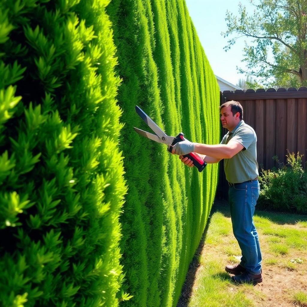Pablo trimming a tall green hedge